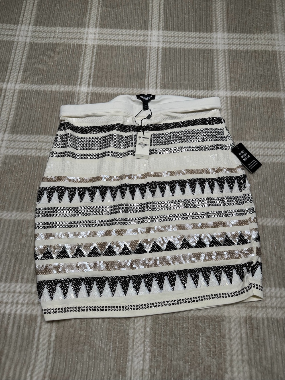Express White Mini Skirt with Black and Gold Sequin Geo Stripes